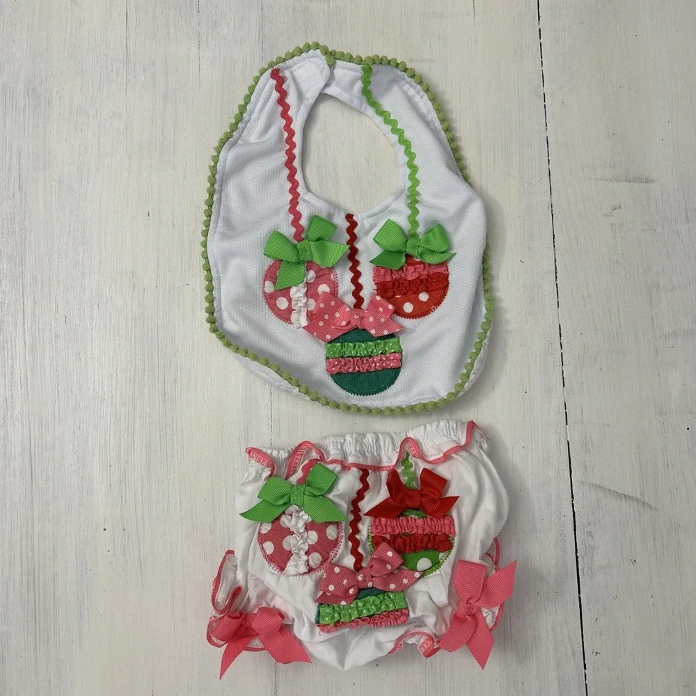 Christmas Set 0-6 Mo Baby Girl Green/Pink/White Bib‎ Bloomers B137